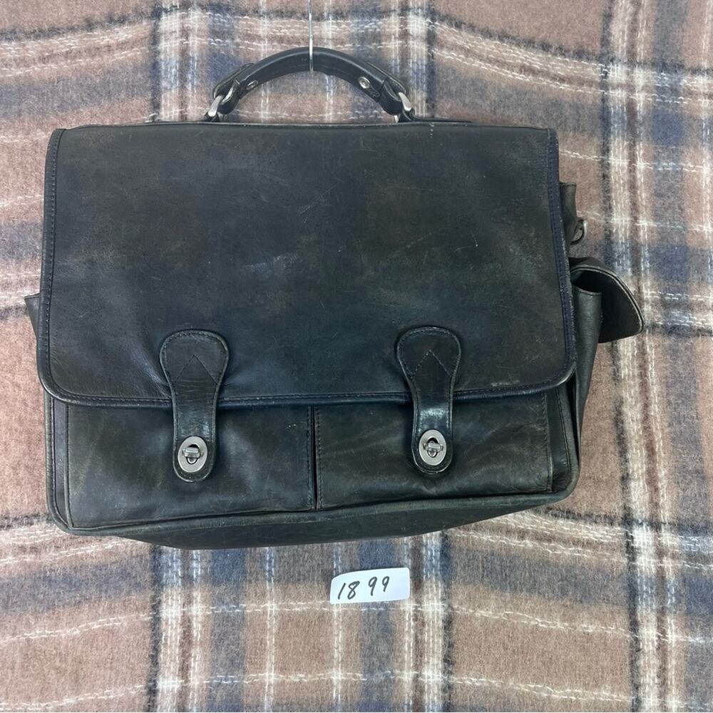 Vintage Genuine Leather Briefcase Black Multi-Pockets Distressed